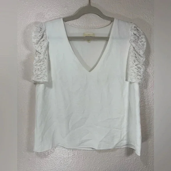 Sezane Colette Blouse Vneck Short Sleeve Lace Puff Shoulder White Women’s US 10 - Picture 11 of 11